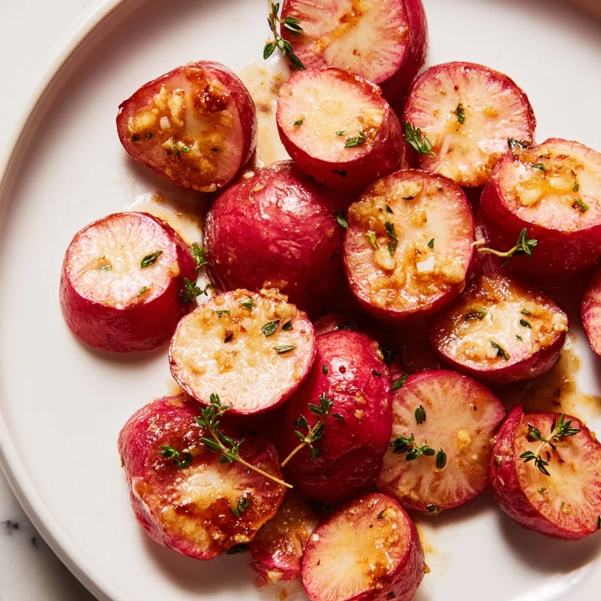 A vibrant serving dish of roasted radishes with garlic butter and thyme alongside lemon wedges and grilled chicken.
