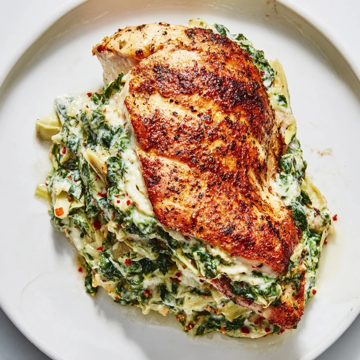 Sliced Creamy Spinach and Artichoke Stuffed Chicken Breast revealing the rich, green filling on a plate.