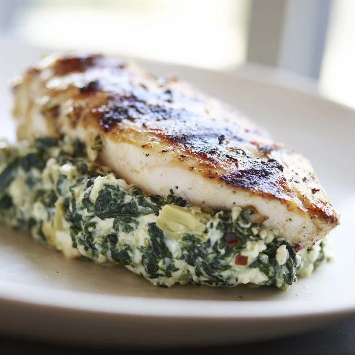 A close-up of Creamy Spinach and Artichoke Stuffed Chicken Breast with golden, bubbling cheese.