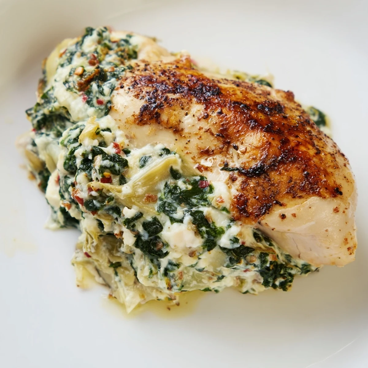 Freshly baked Creamy Spinach and Artichoke Stuffed Chicken Breast garnished with parsley beside a crisp salad.