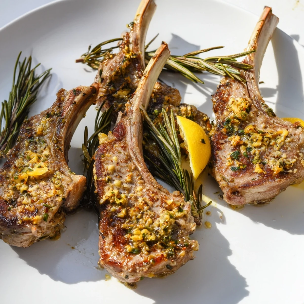Succulent Air Fryer Lamb Chops with Rosemary and Garlic are served with lemon wedges and a fresh rosemary sprig.