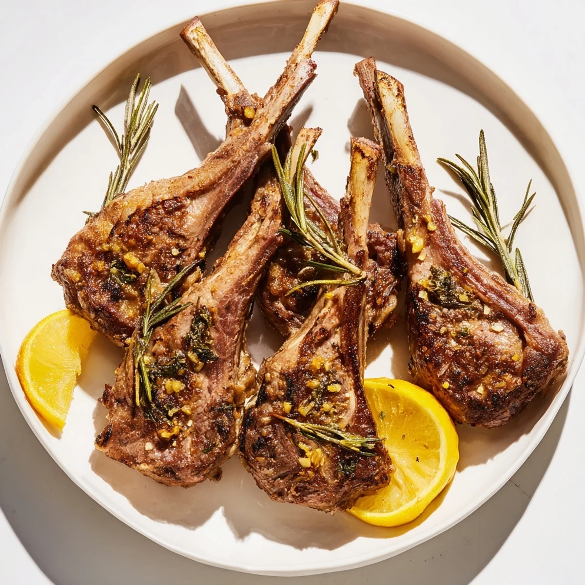Close-up of Air Fryer Lamb Chops with Rosemary and Garlic on a plate with roasted vegetables and a light drizzle.