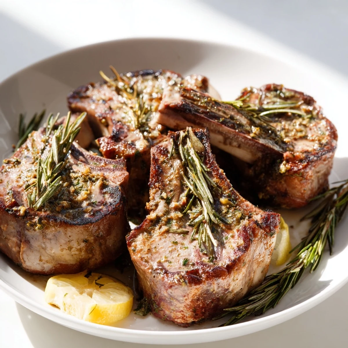Golden brown Air Fryer Lamb Chops with Rosemary and Garlic rest on a plate next to a crisp salad.