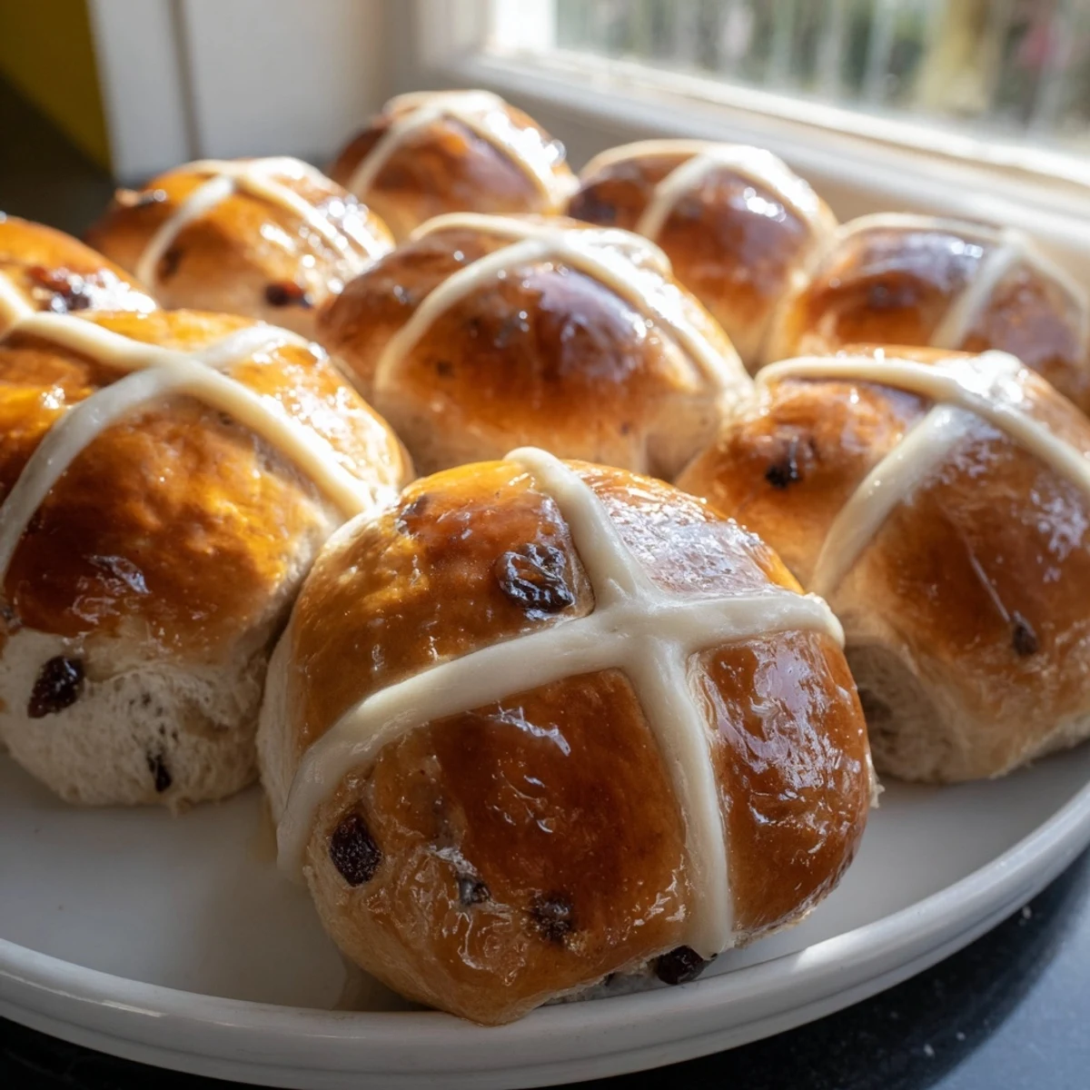Freshly baked Hot Cross Buns with Currants and Spices sit on a wire rack, glazing glistening and ready for breakfast.
