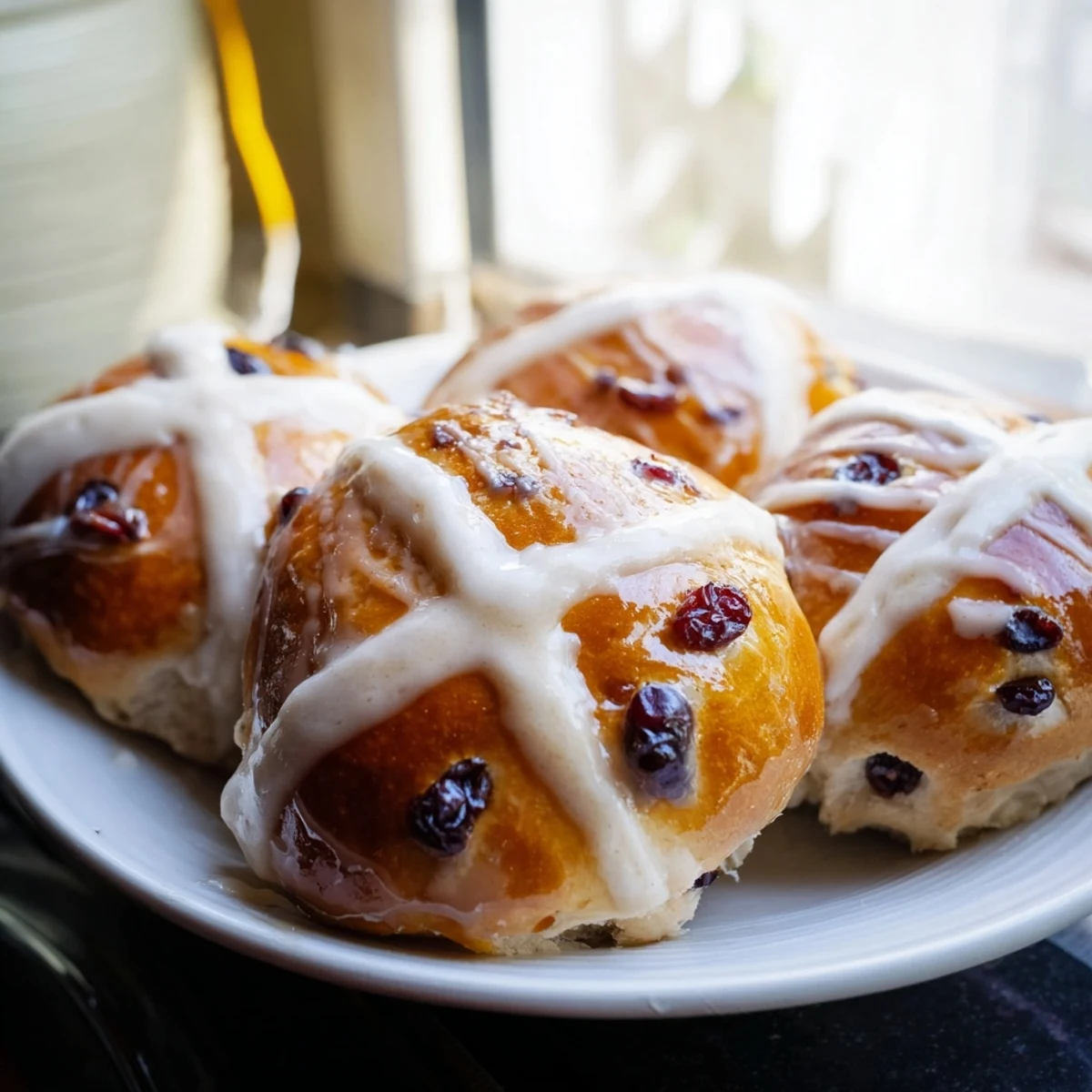 Overhead view of Hot Cross Buns with Currants and Spices, revealing the sticky apricot glaze and plump dried fruit inside.