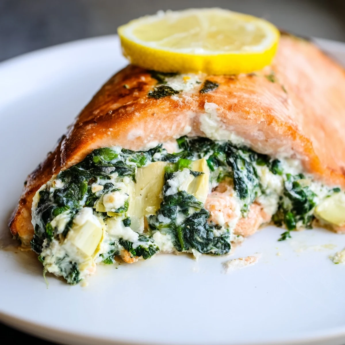 Freshly baked Creamy Spinach and Artichoke Stuffed Salmon fillets flake easily on a white plate with lemon slices. 