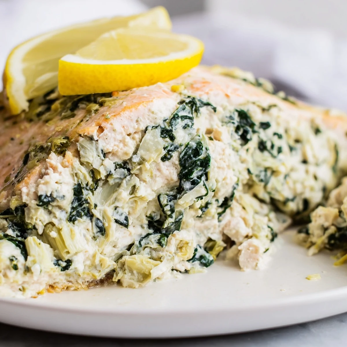 Juicy Creamy Spinach and Artichoke Stuffed Salmon hot from the oven, garnished with fresh herbs and a side of roasted asparagus. 