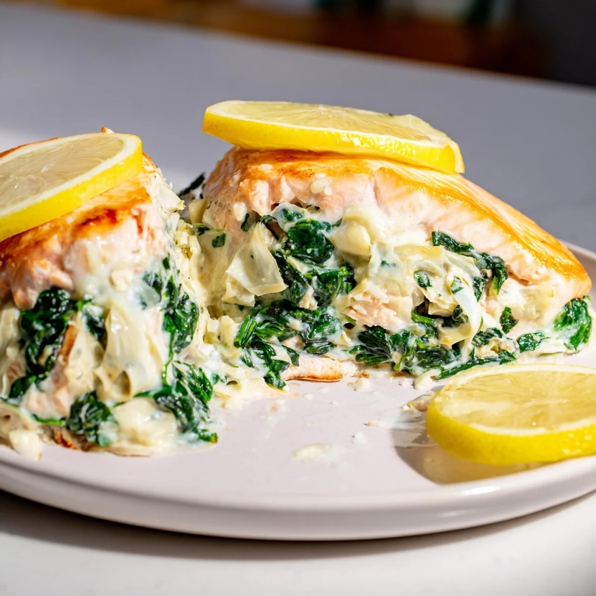 Close-up view of Creamy Spinach and Artichoke Stuffed Salmon revealing the rich green spinach and artichoke filling inside.