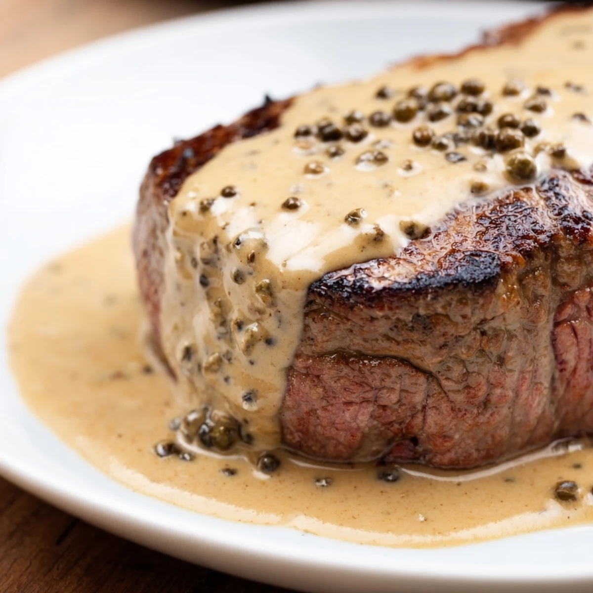 Perfectly seared Beef Tenderloin with Peppercorn Cream Sauce, served with roasted potatoes and fresh thyme.
