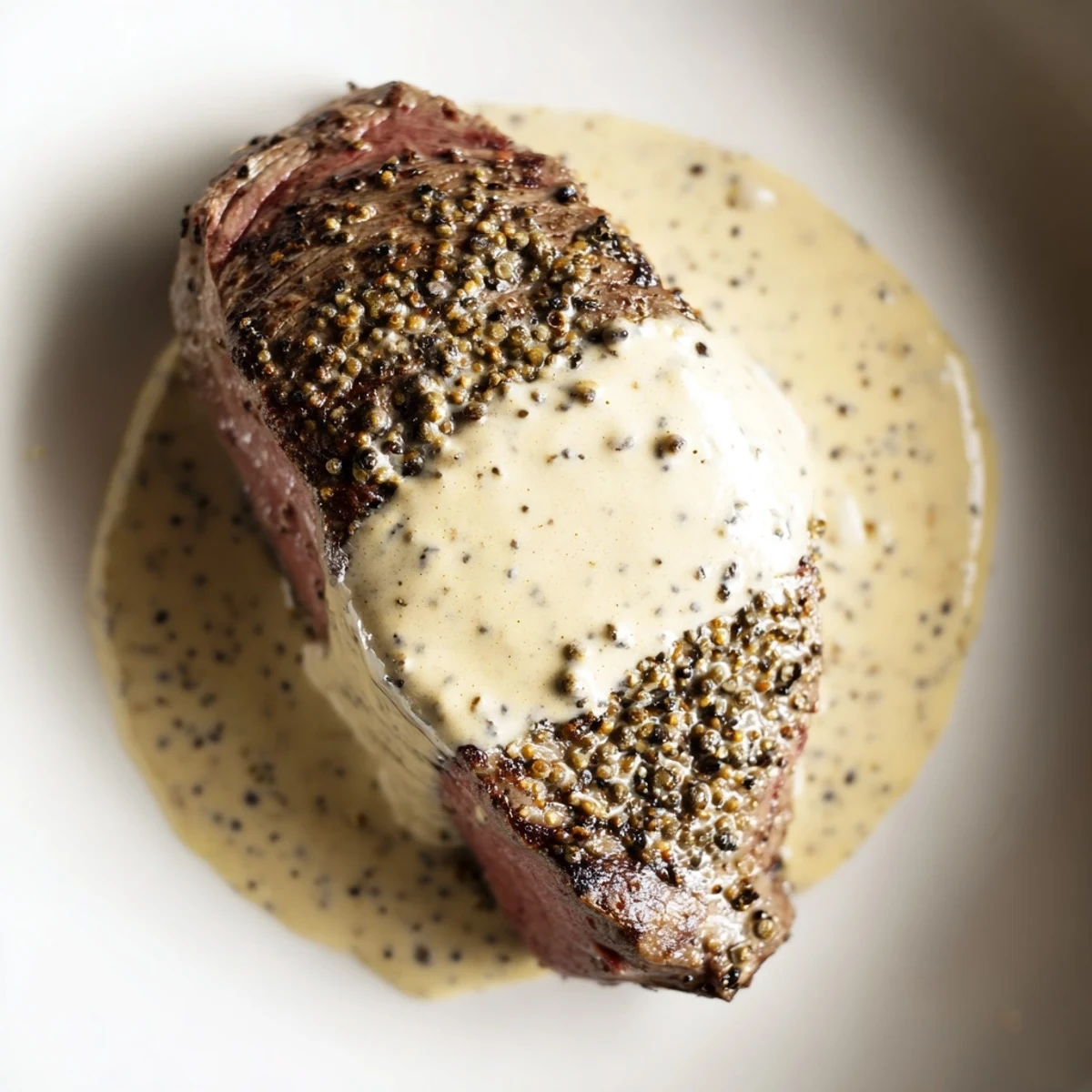 Tender slices of Beef Tenderloin with Peppercorn Cream Sauce on a plate with mashed potatoes.