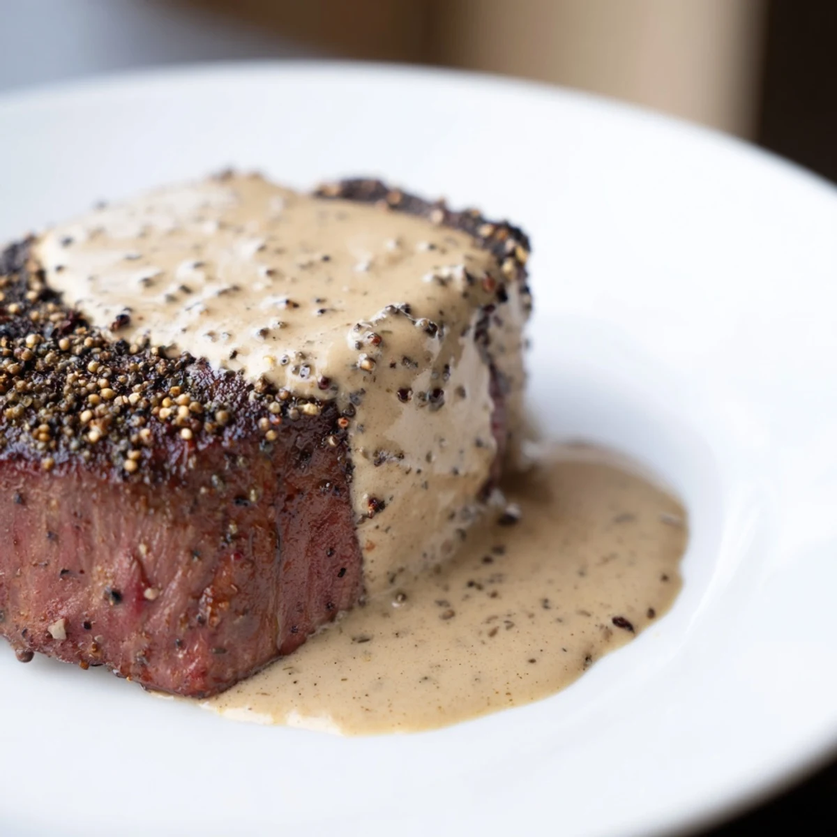 Sizzling Beef Tenderloin with Peppercorn Cream Sauce topped with green peppercorns and fresh herbs.