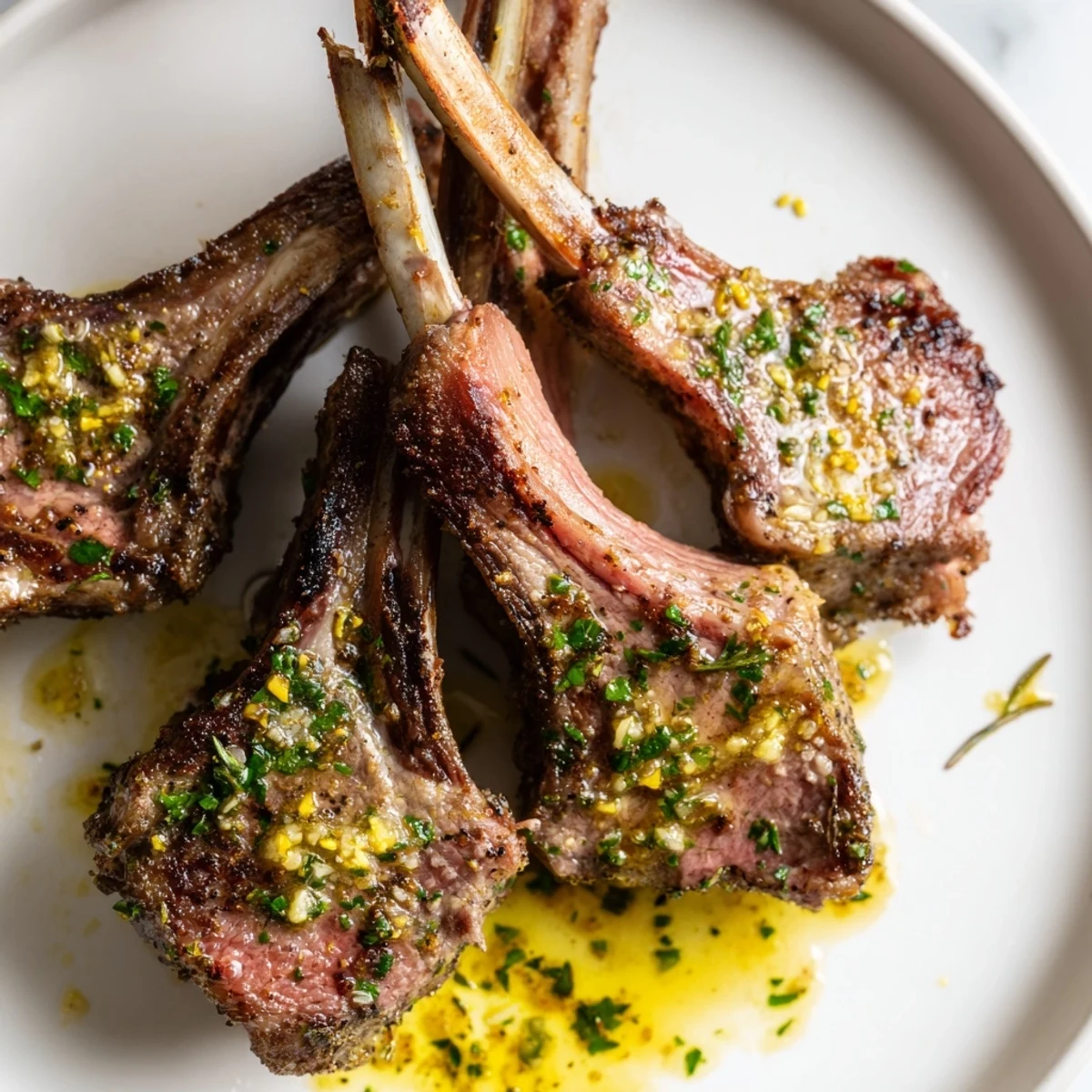 Golden-brown Air Fryer Lamb Chops with Lemon Butter rest on a white plate, garnished with fresh parsley.