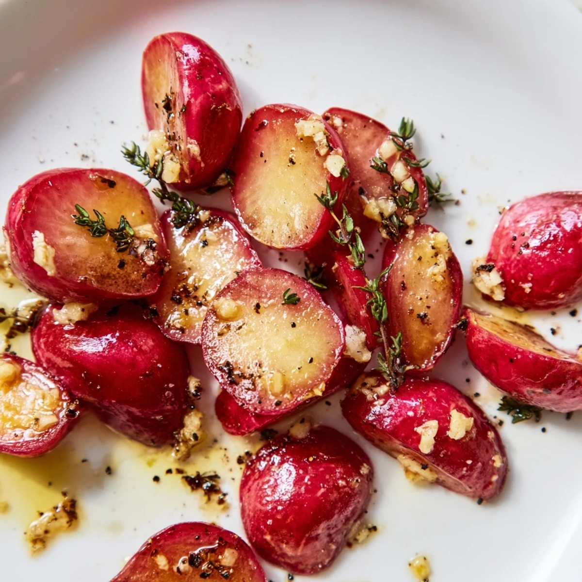 Golden roasted radishes with garlic and fresh thyme served warm in a rustic dish, complementing a spring meal beautifully.