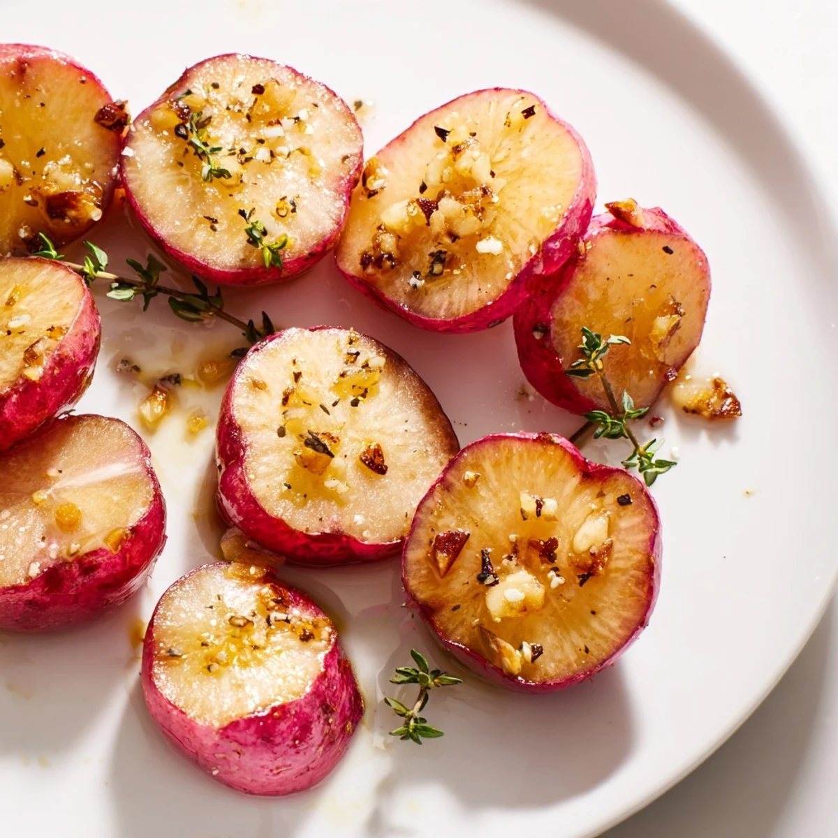 Savory roasted radishes with garlic and thyme garnished with fresh sprigs, perfect for a healthy vegetarian side dish.