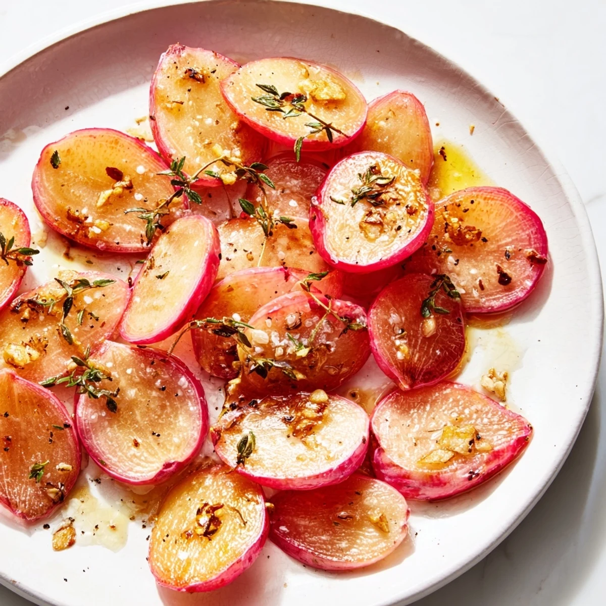 A close-up of tender roasted radishes with garlic and thyme, their edges lightly caramelized on a baking tray.