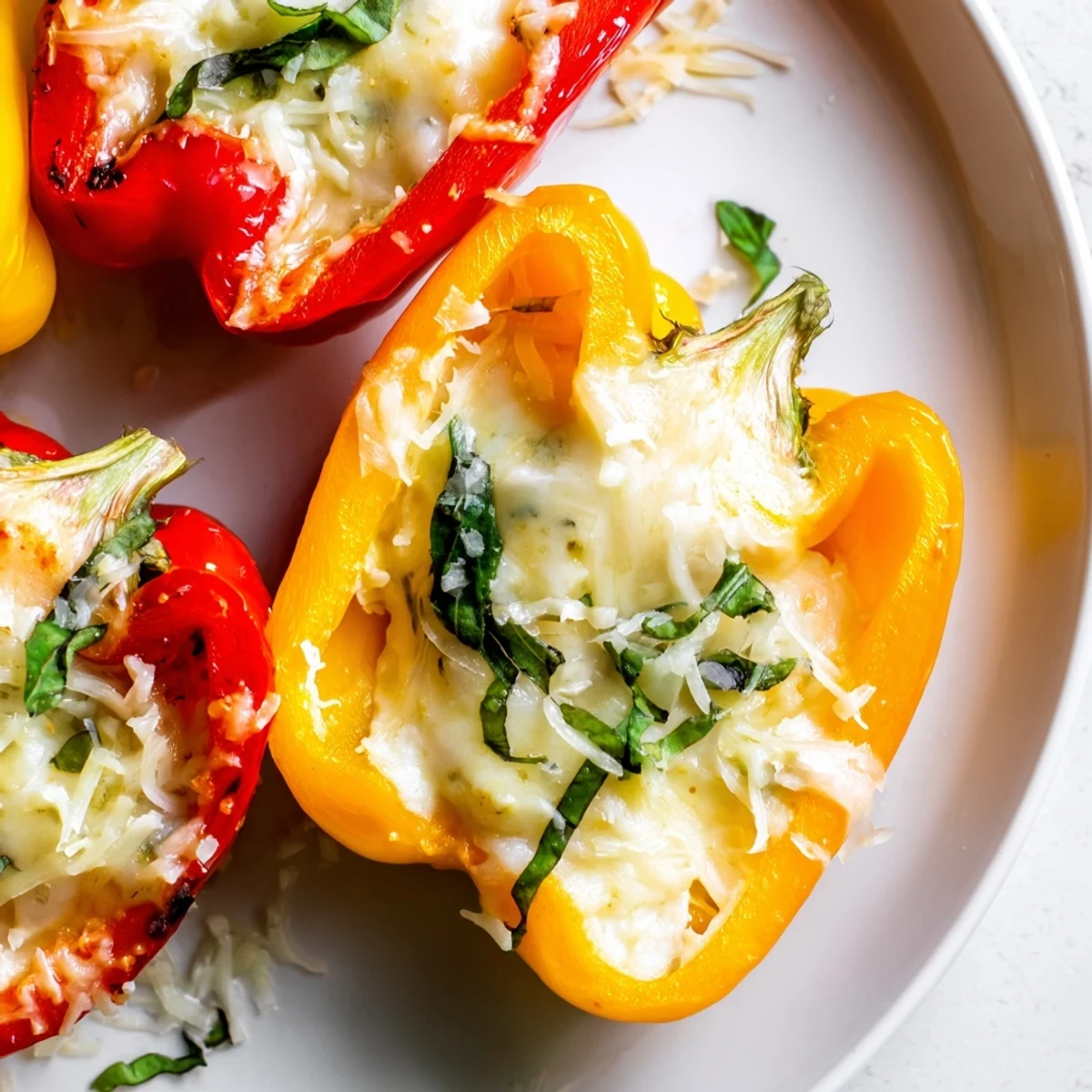 Golden-baked Ricotta Stuffed Peppers with melted mozzarella and fresh basil garnish on a white plate.