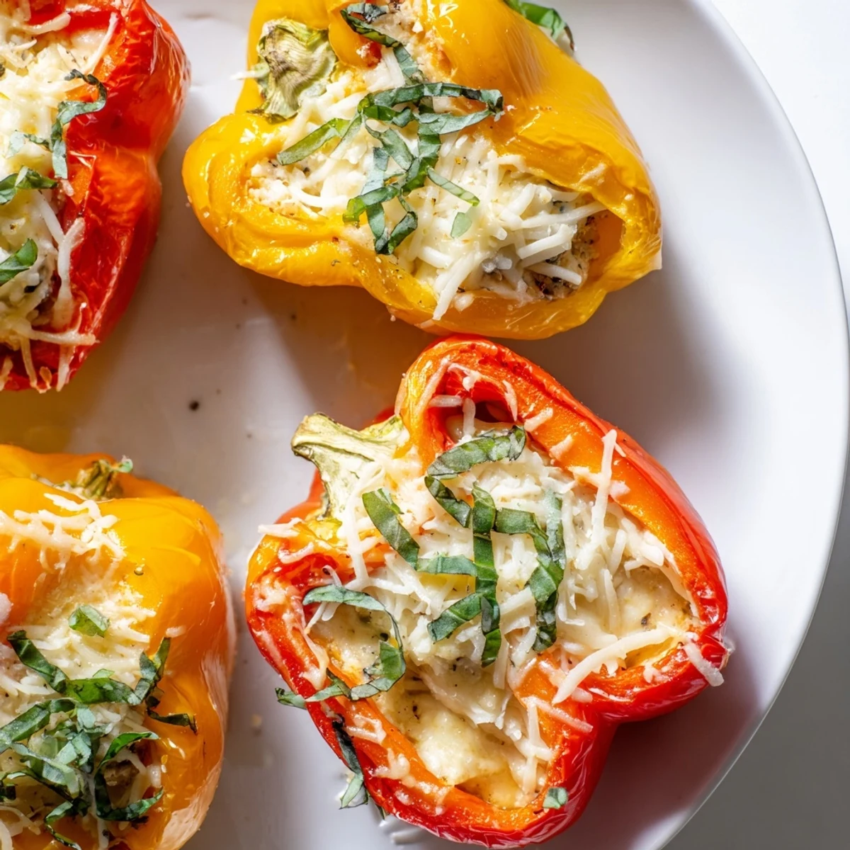 Tender bell pepper halves overflowing with creamy ricotta filling and bubbling Parmesan cheese topping.