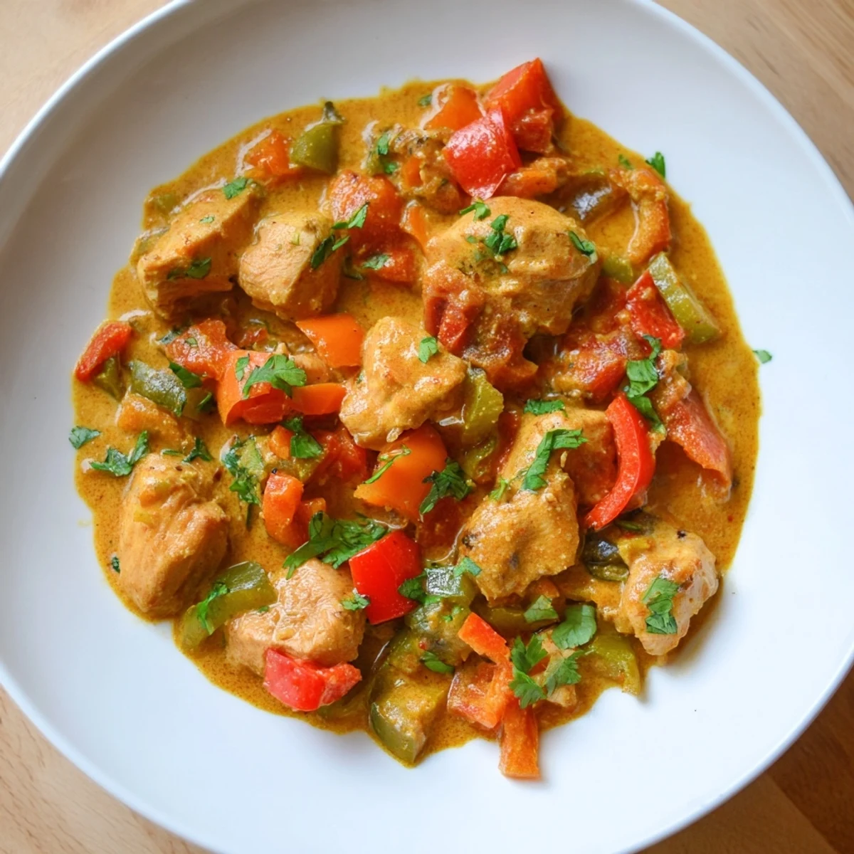 Creamy Brazilian Coconut Chicken simmered in a fragrant sauce, garnished with fresh cilantro and served over steamed white rice.