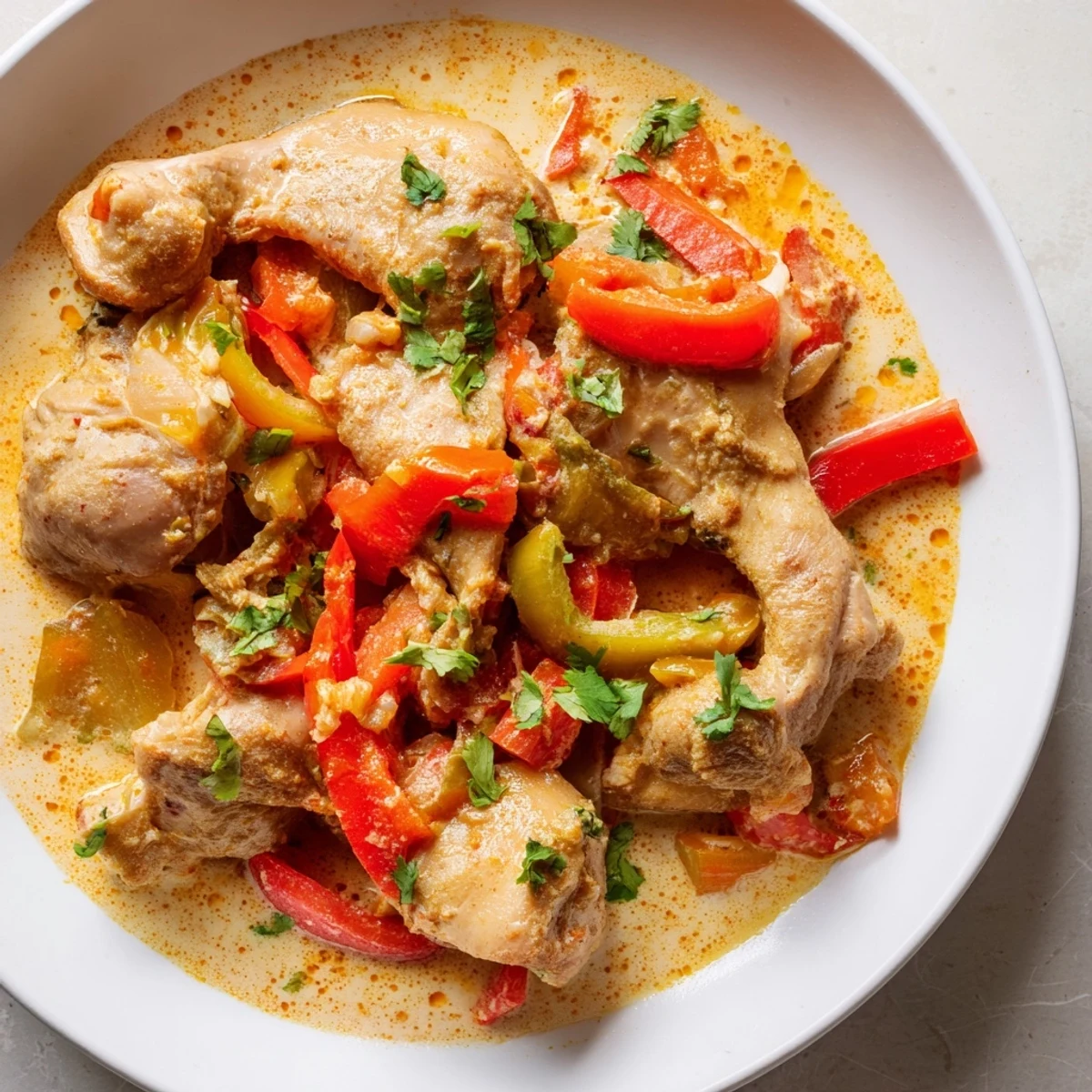 Tender pieces of Brazilian Coconut Chicken in a rich coconut milk sauce, highlighted by vibrant red and green bell peppers on a plate.