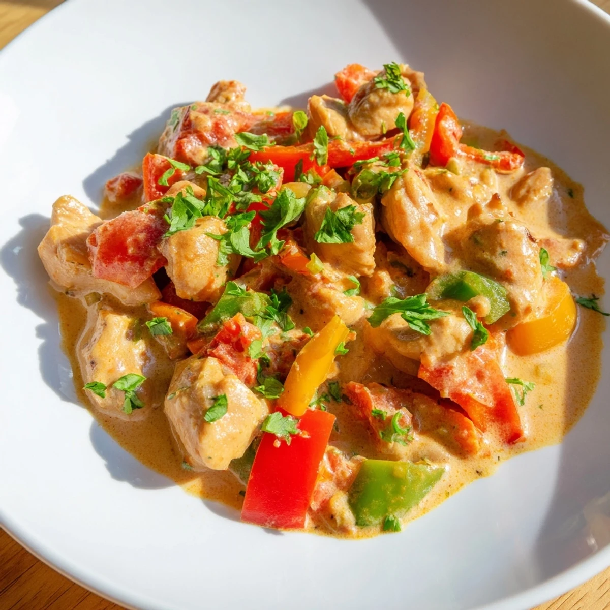 A close-up of Brazilian Coconut Chicken in a skillet, with lime wedges and a sprinkle of fresh cilantro beside a serving spoon.