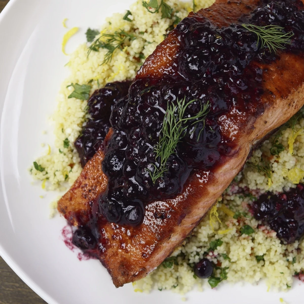 Four glazed salmon fillets with a glossy blueberry reduction sit atop fluffy lemon herb couscous, garnished with fresh parsley and lemon wedges on a white plate.