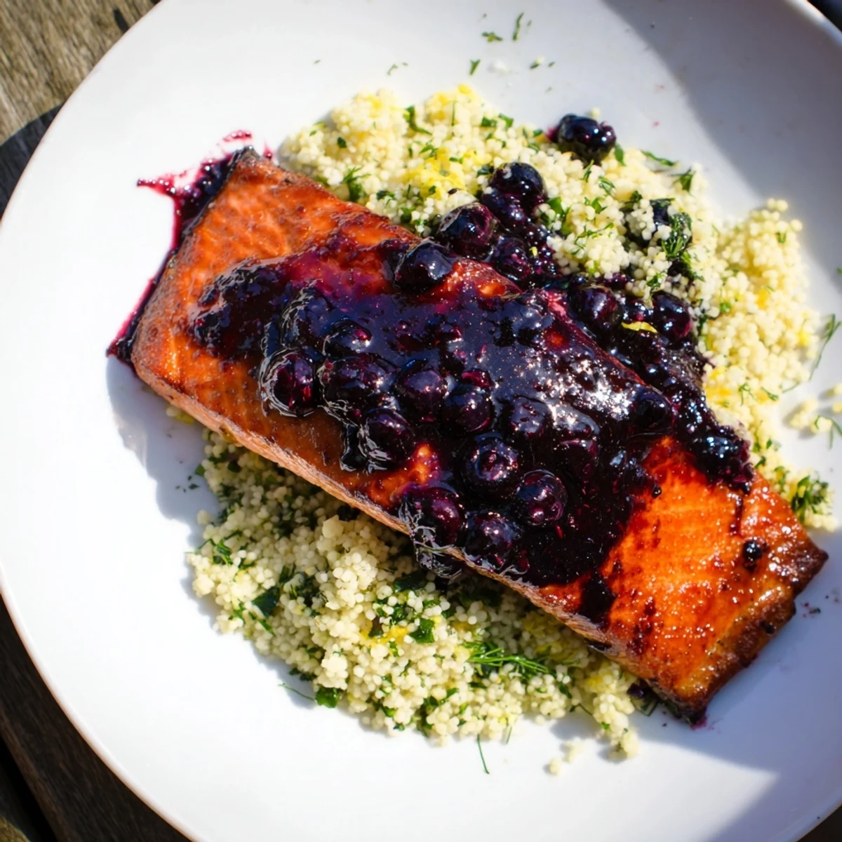 A top-down view of succulent Blueberry Glazed Salmon with Lemon Herb Couscous, showing vibrant purple sauce and bright green herbs on a rustic wooden table.