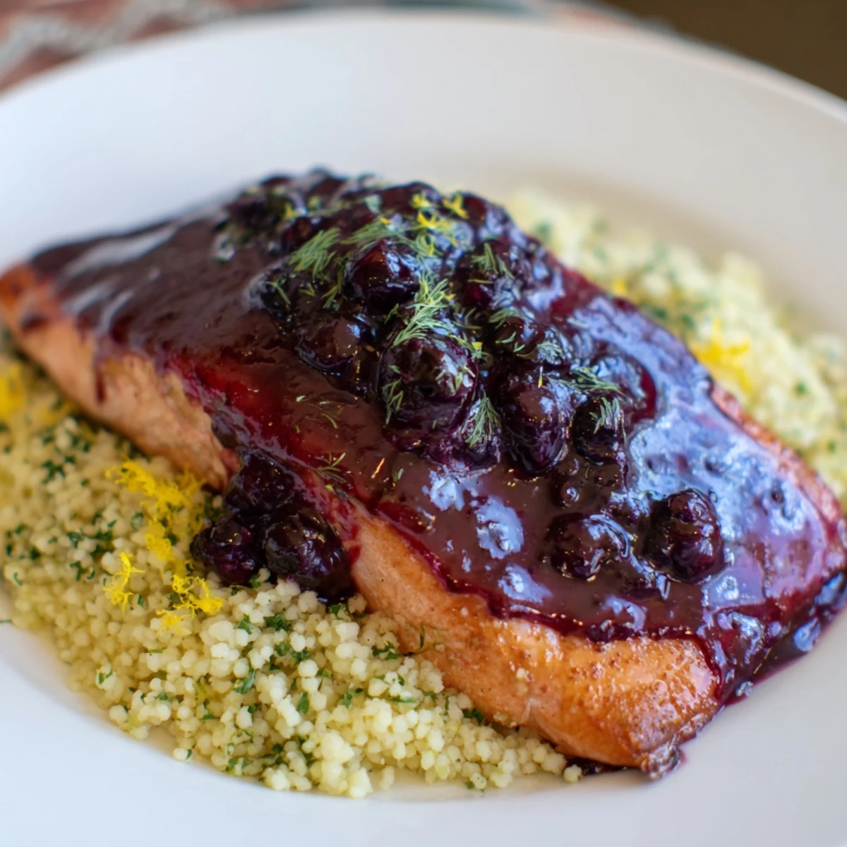 Close-up of a seared salmon fillet drizzled with sweet blueberry glaze beside a serving of citrusy couscous, ready for a healthy American dinner.
