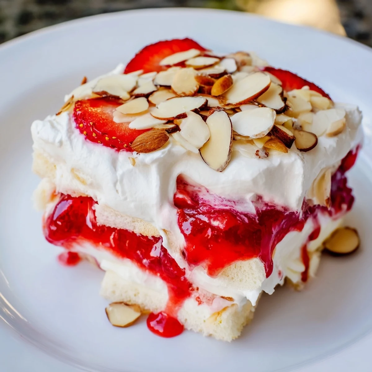 Chilled layers of light angel food cake, creamy vanilla pudding, and sweet strawberry filling in Heaven on Earth Cake.