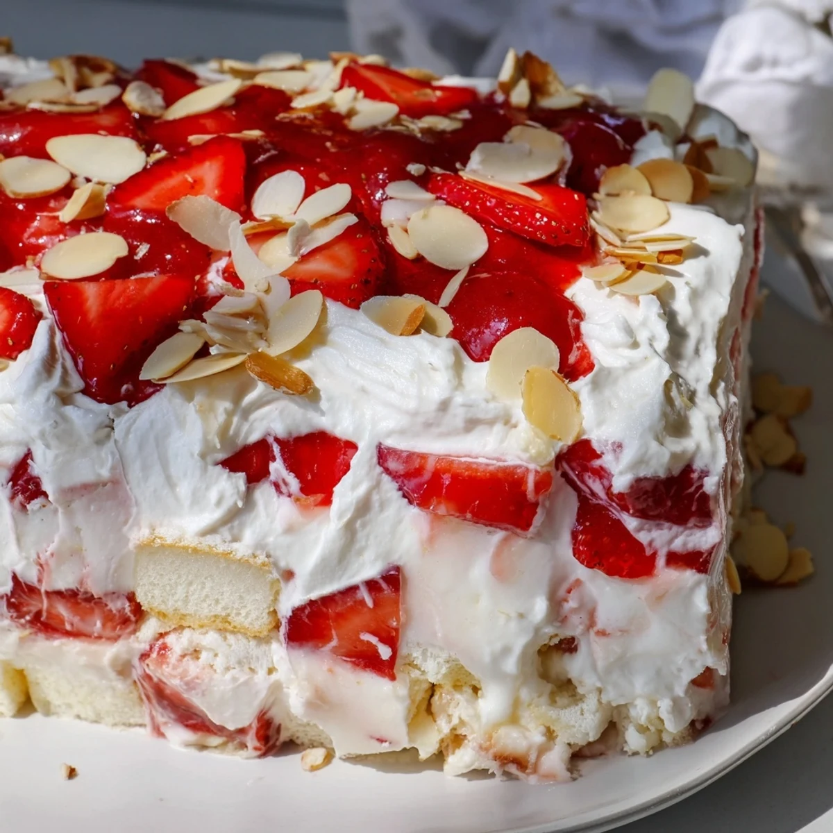 Heaven on Earth Cake in a glass dish, featuring fluffy cake cubes and a topping of fresh sliced strawberries and almonds.