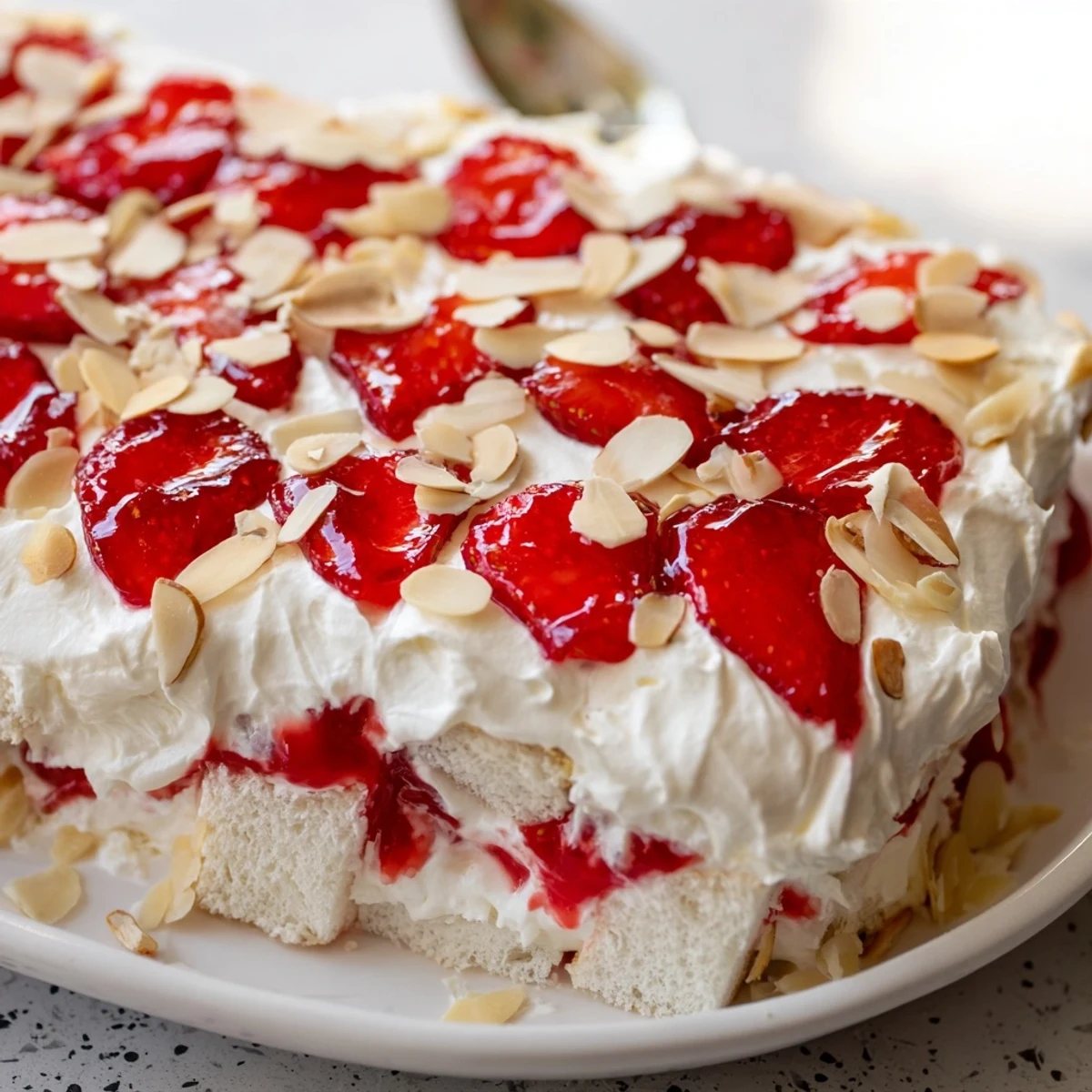 A generous slice of Heaven on Earth Cake reveals layered strawberries and cream, perfect for a summer dessert gathering.