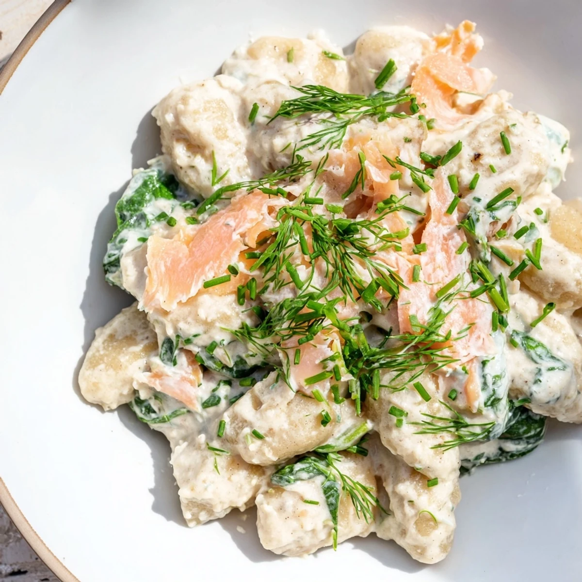 Healthy Smoked Salmon Gnocchi tossed with spinach and silky salmon strips on a rustic plate.