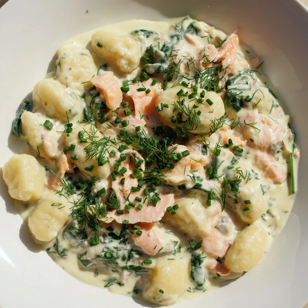 Creamy Healthy Smoked Salmon Gnocchi served in a bowl with fresh dill and lemon wedges.
