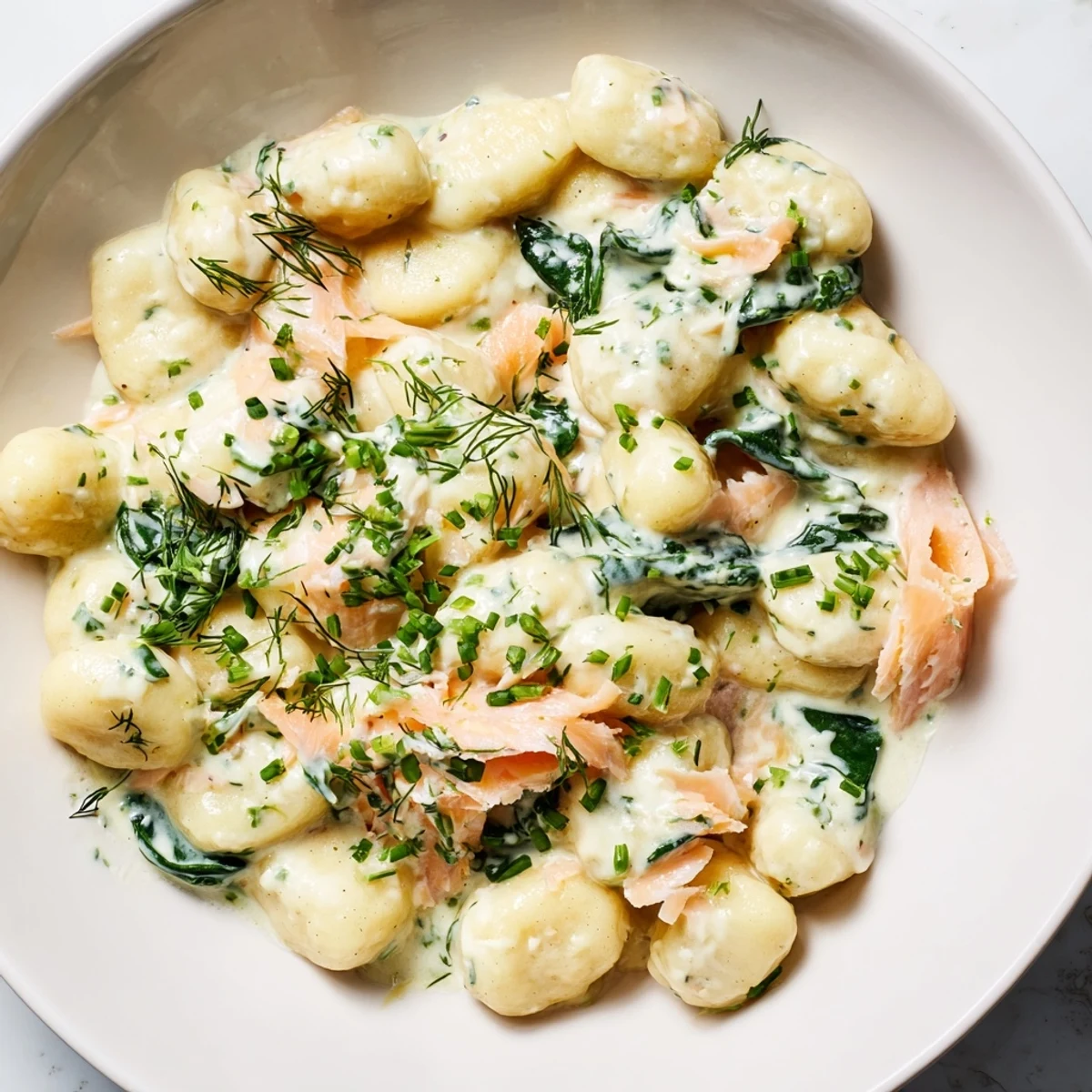 A close-up of Healthy Smoked Salmon Gnocchi featuring pillowy pasta and a light, creamy sauce.