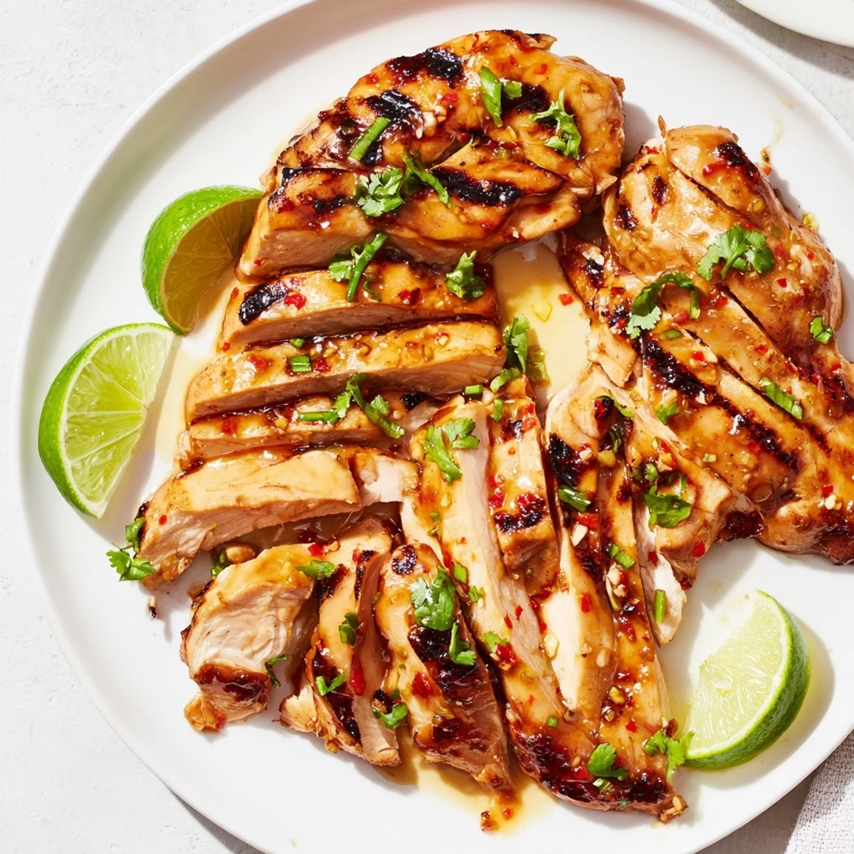 Juicy Spicy Honey Lime Chicken grilled with char marks, served with lime wedges and fresh cilantro.