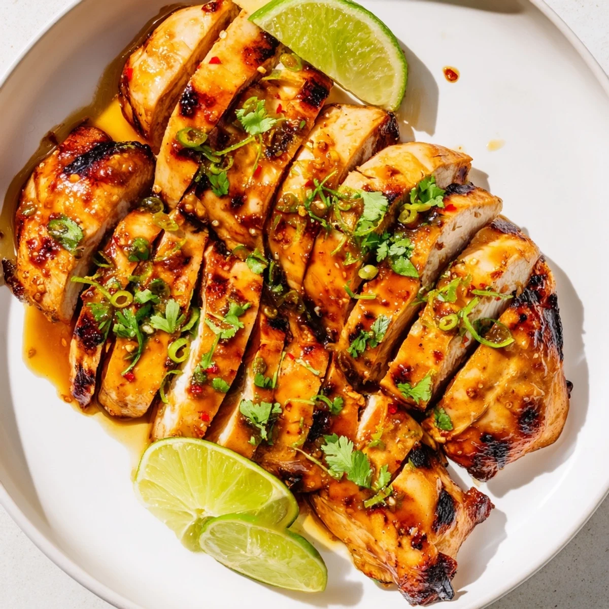 Tender Spicy Honey Lime Chicken slices rest on a plate beside fluffy white rice and vegetables.