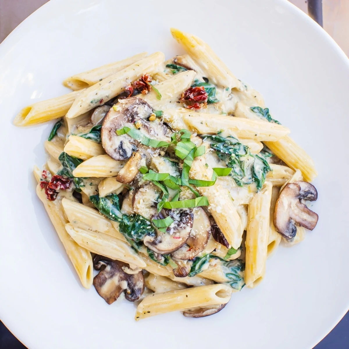 Creamy Tuscan Mushroom Pasta Skillet with sautéed mushrooms and spinach in a rich Parmesan sauce.