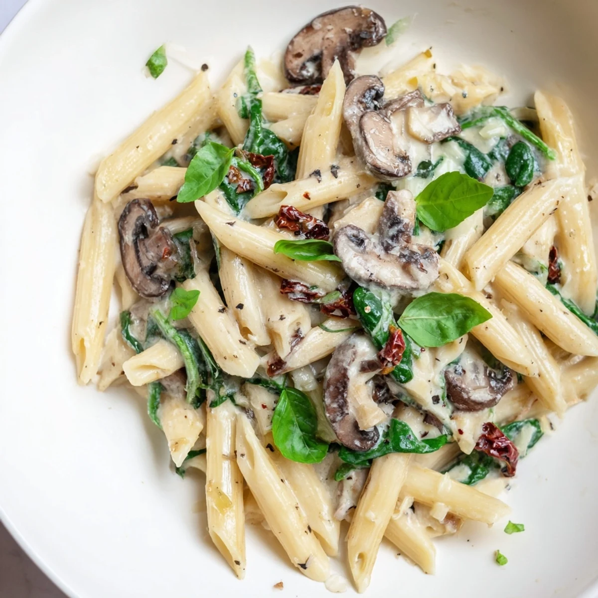 Sizzling skillet of Creamy Tuscan Mushroom Pasta Skillet, creamy sauce coating penne pasta beautifully.