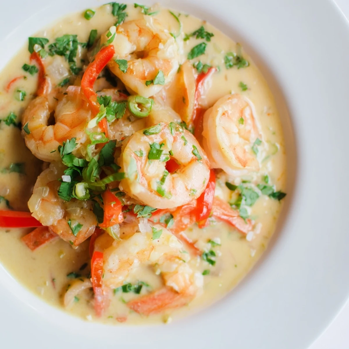 Garlic Shrimp in Coconut Milk glistens in a white bowl, garnished with cilantro and served alongside fluffy jasmine rice.