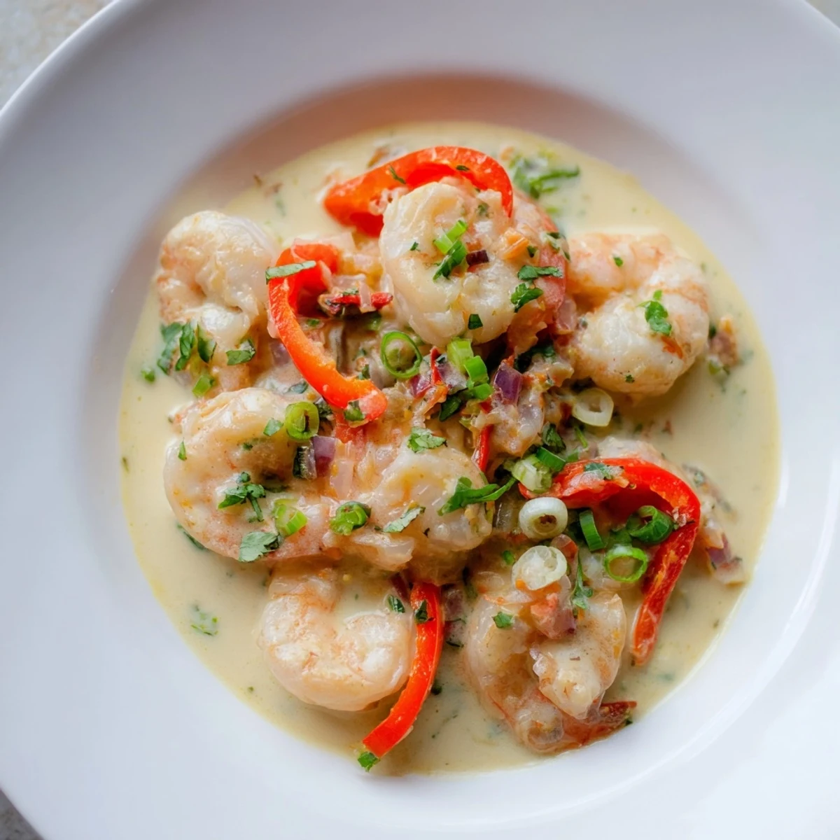 Juicy Garlic Shrimp in Coconut Milk simmers in a creamy sauce, with bright red bell peppers and fresh lime wedges on the side.