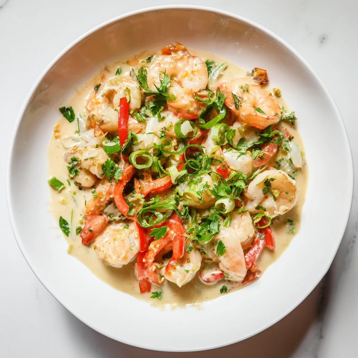 A close-up of Garlic Shrimp in Coconut Milk features plump shrimp and rich sauce, topped with green onions and chili flakes.