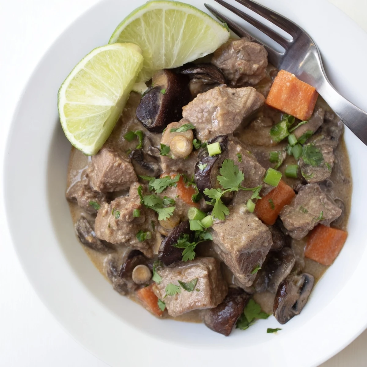 Tender beef cubes in fragrant Lemongrass Coconut Braised Beef with Mushrooms, garnished with fresh cilantro.