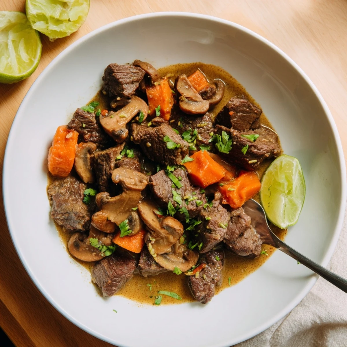 A bowl of Lemongrass Coconut Braised Beef with Mushrooms, served over steamed jasmine rice for dinner.
