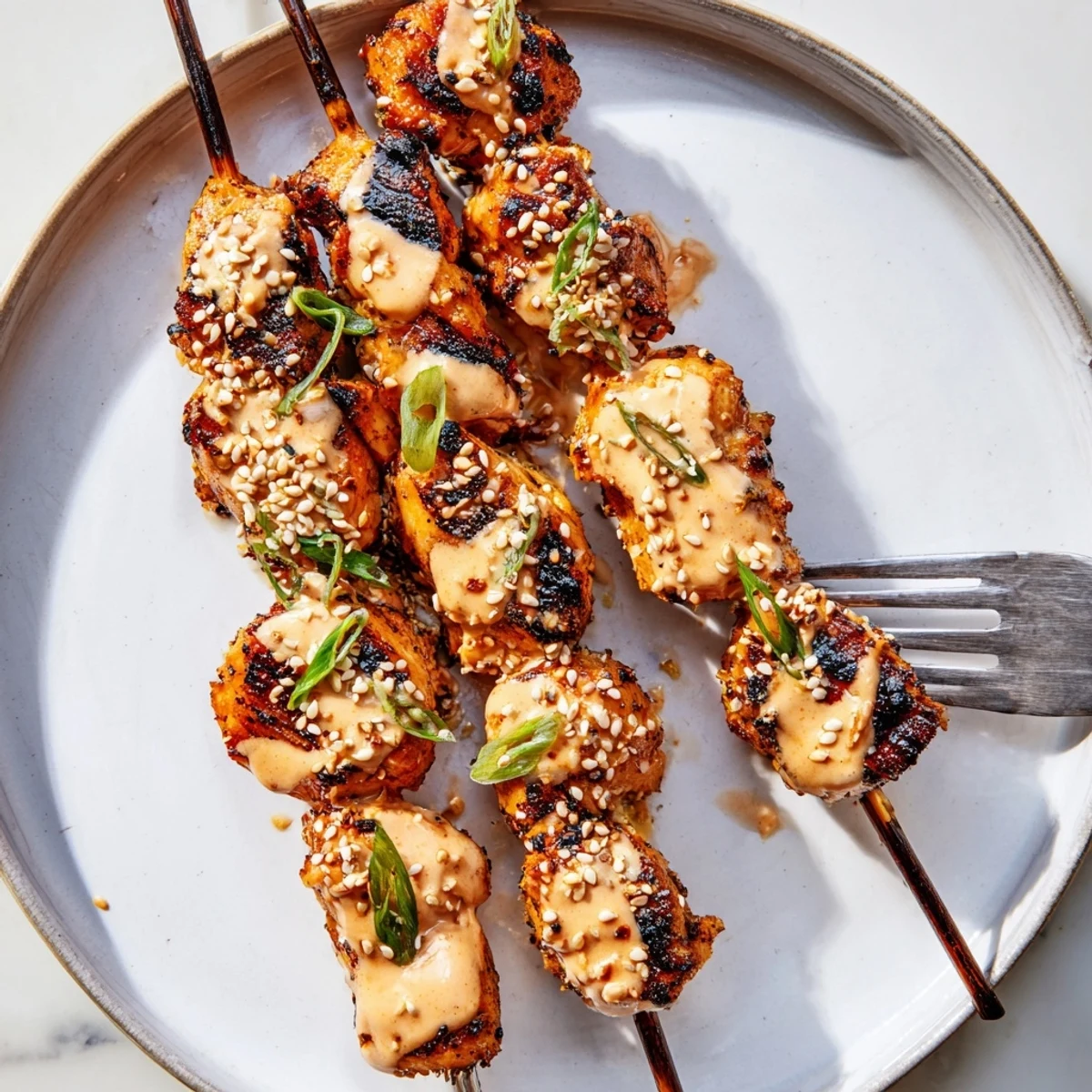 Sizzling Bang Bang Chicken Skewers glazed with creamy spicy sauce on a rustic platter.