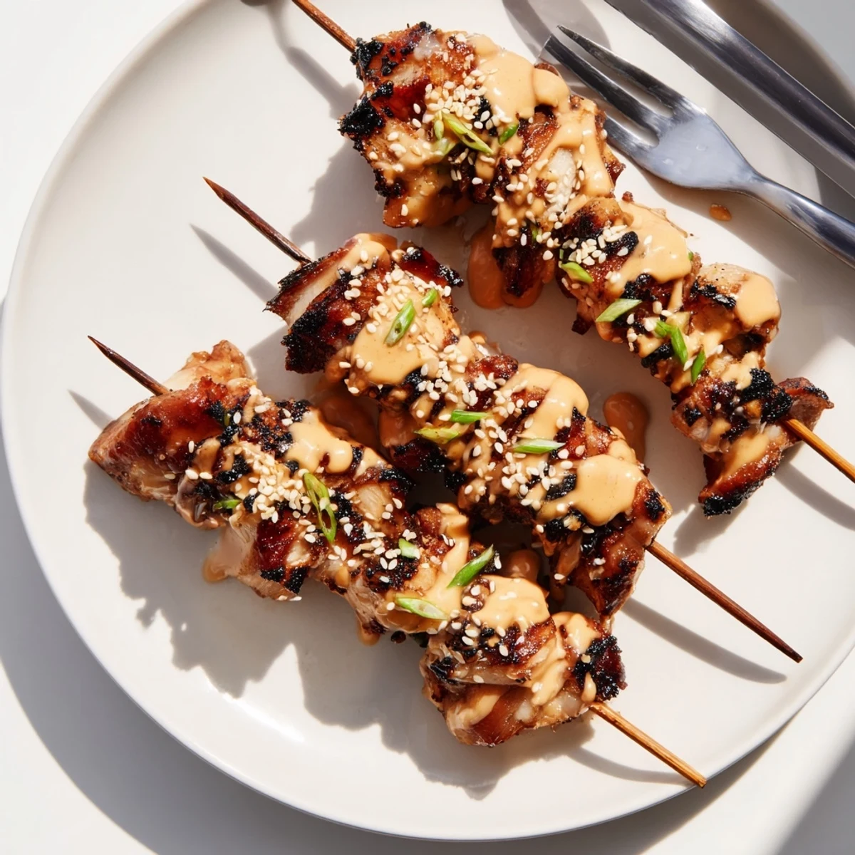 Grilled Bang Bang Chicken Skewers served with lime wedges and fresh cilantro garnish.
