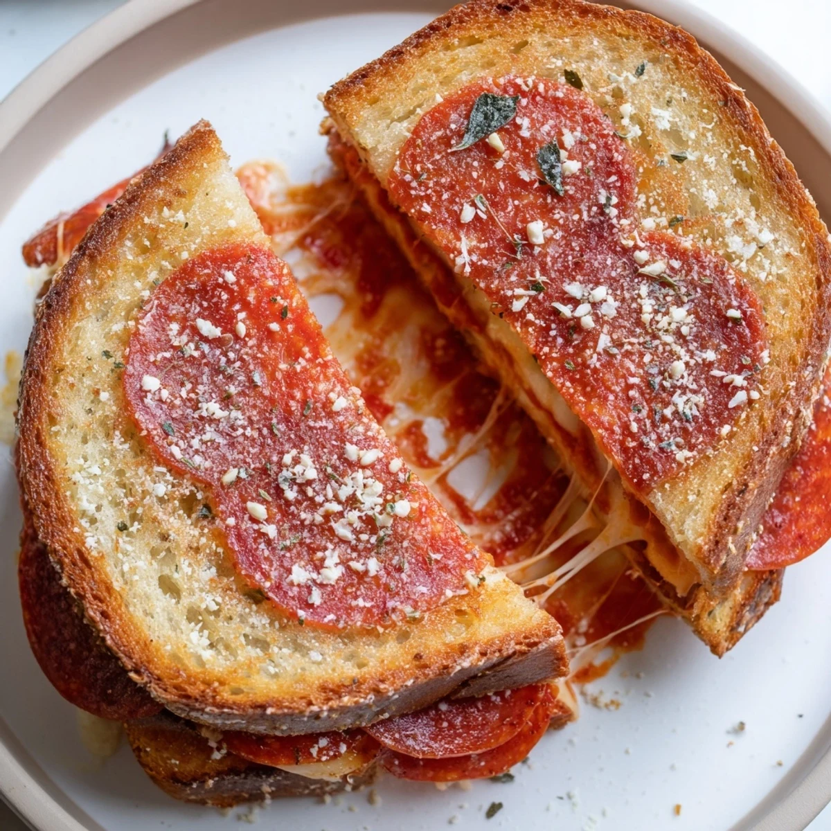 Golden toasted sourdough slices of Pizza Grilled Cheese with melted mozzarella and pepperoni peeking out.