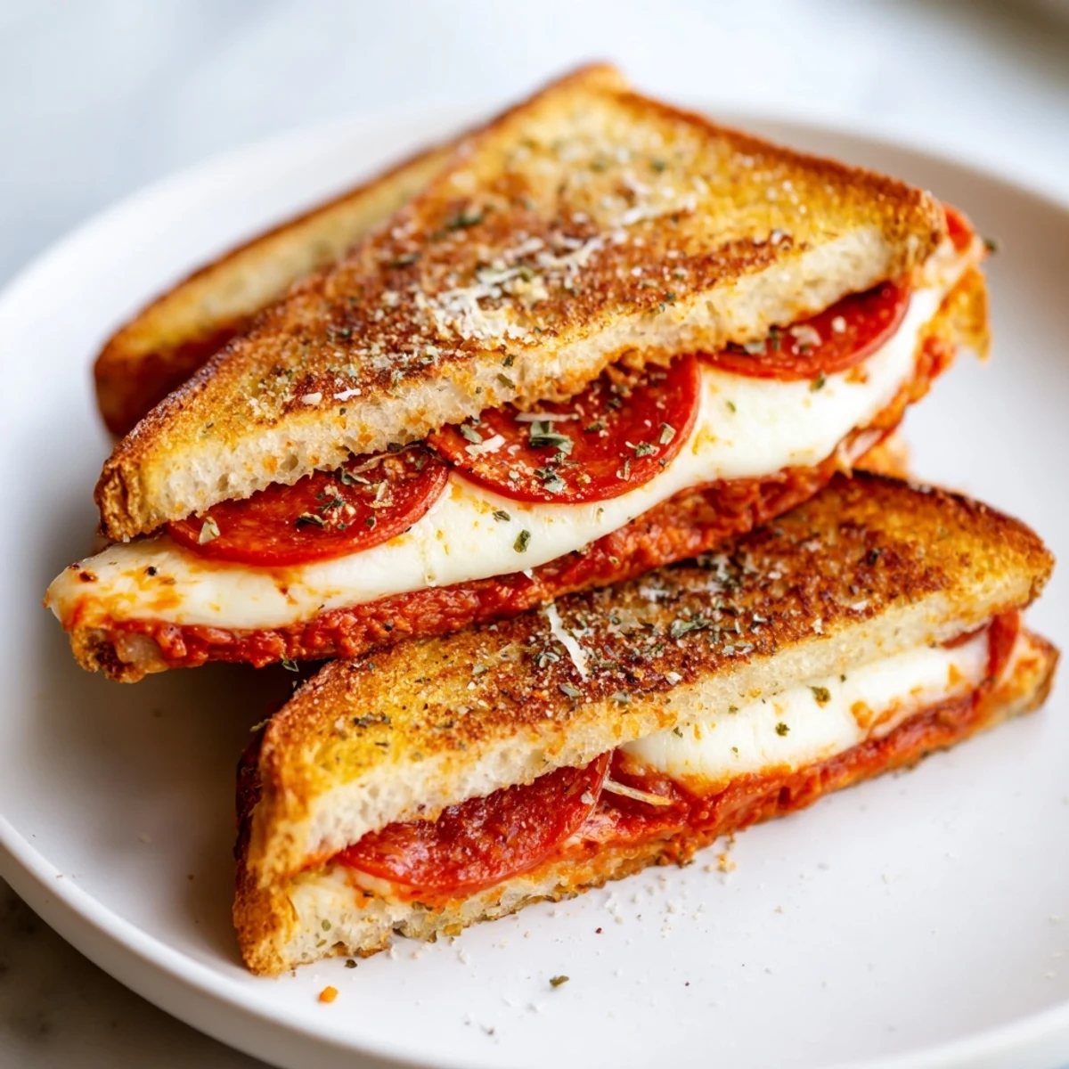 A close-up of a sliced Pizza Grilled Cheese revealing a gooey, cheesy interior on a wooden cutting board.