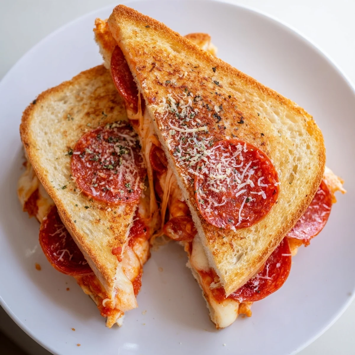 Two hot Pizza Grilled Cheese sandwiches served with a small bowl of marinara sauce for dipping.