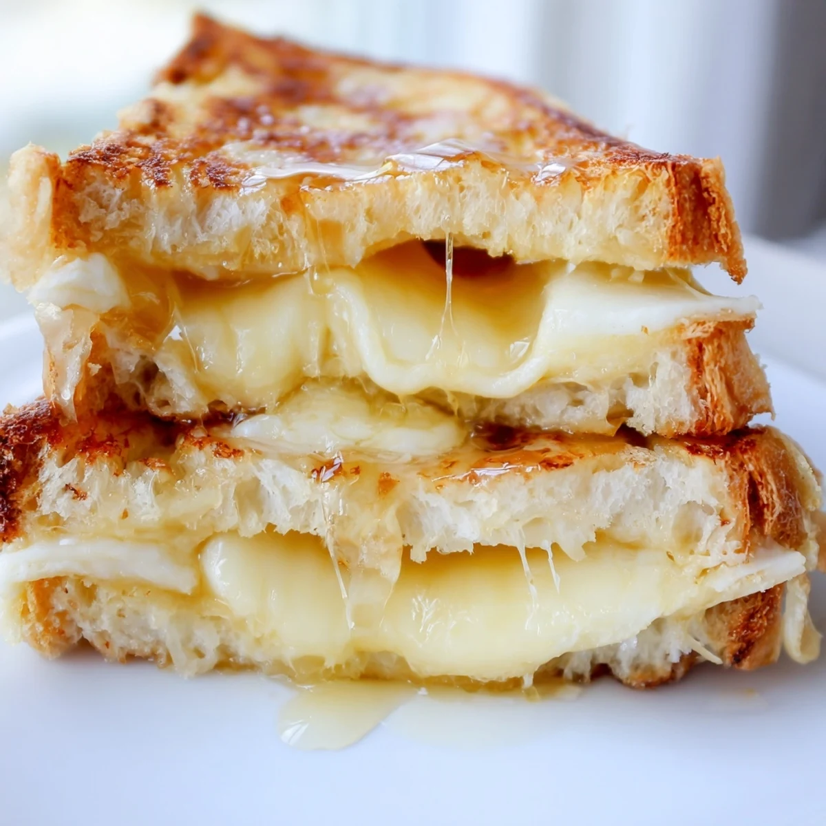 Golden-brown sourdough slices cradle a trio of melted cheeses, with honey dripping down the sides of this savory Cheese Grilled Cheese with Honey Bliss.  