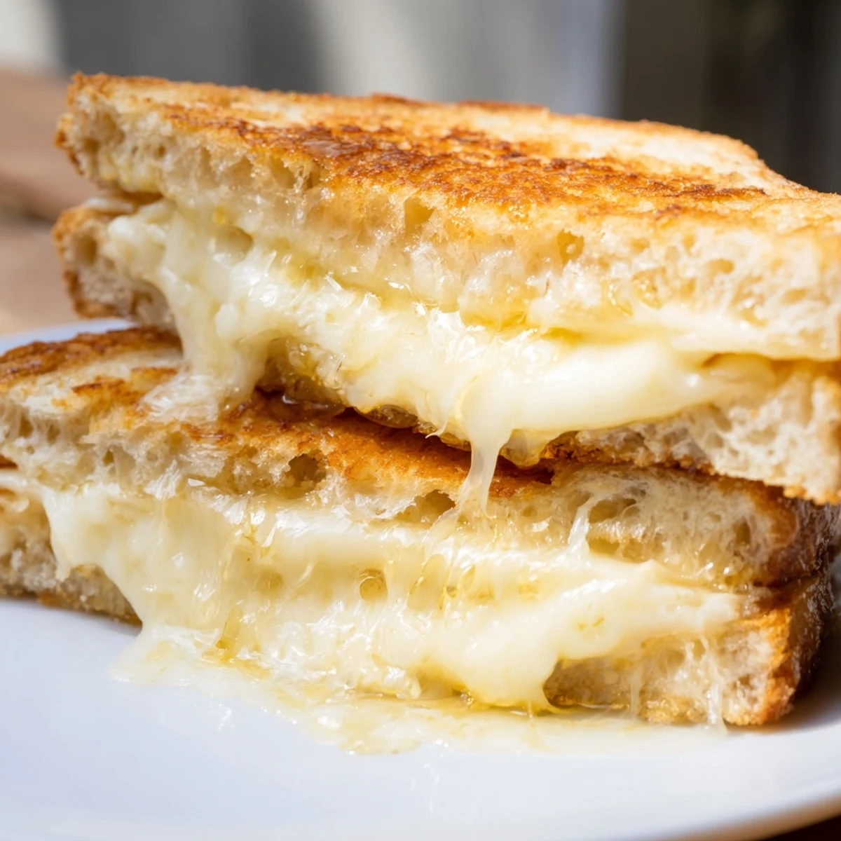 Two serving plates display the open-faced version of a Cheese Grilled Cheese with Honey Bliss, highlighting the gooey texture and buttery crust.  