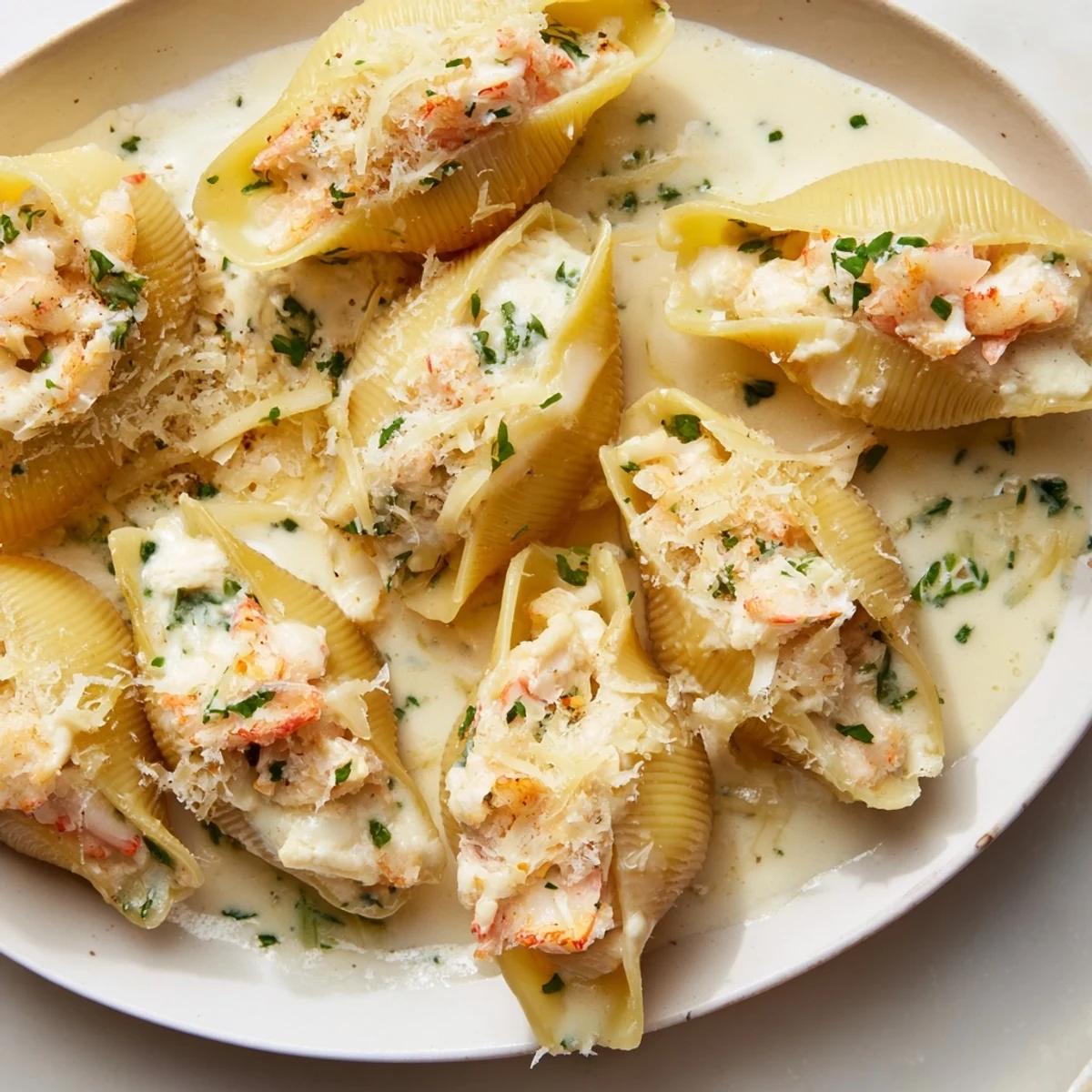 A close-up view of Creamy Seafood Stuffed Shells, garnished with fresh parsley and lemon zest.